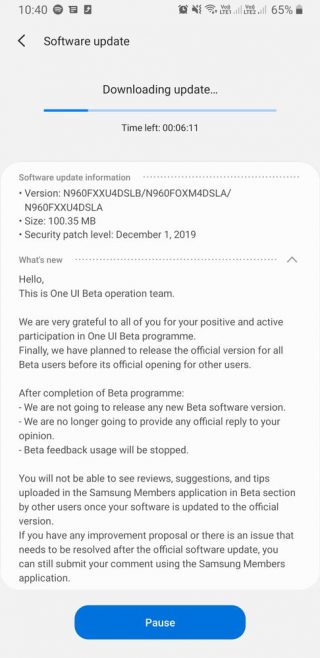 one ui 2.5 note 9 release date