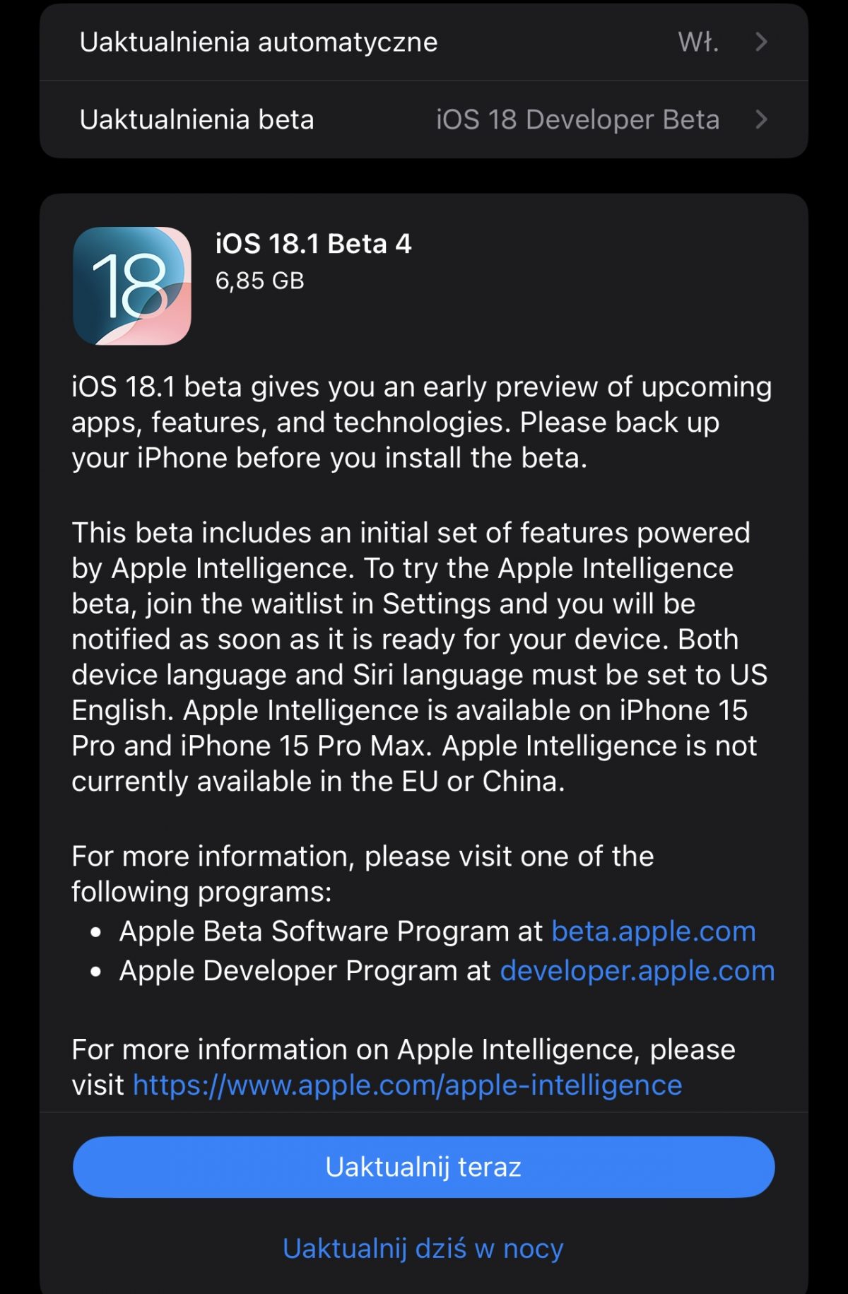 aktualizacja iOS 18.1 beta 4 co nowego nowości Apple iPhone