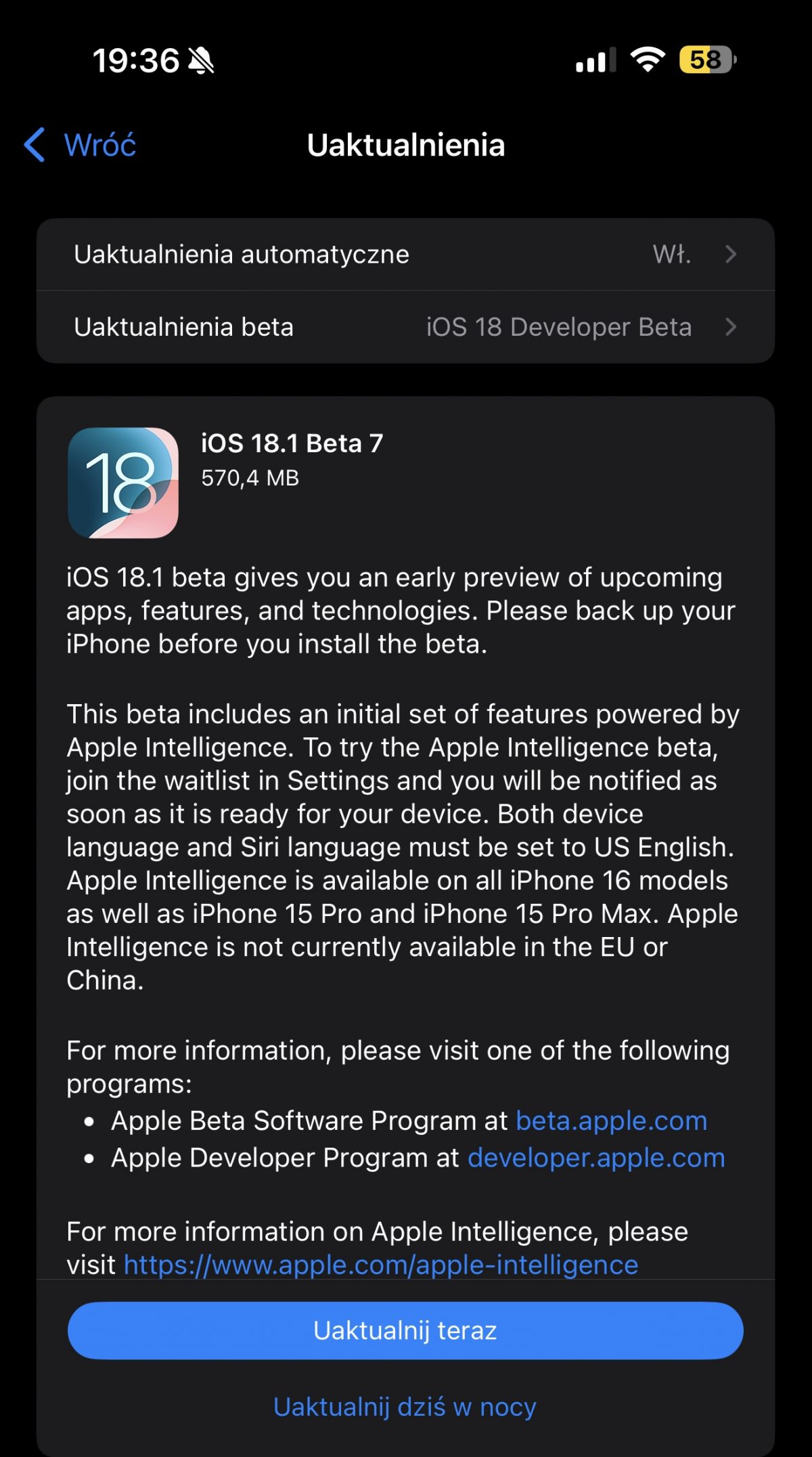 iOS 18.1 beta 7 aktualizacja Apple iPhone