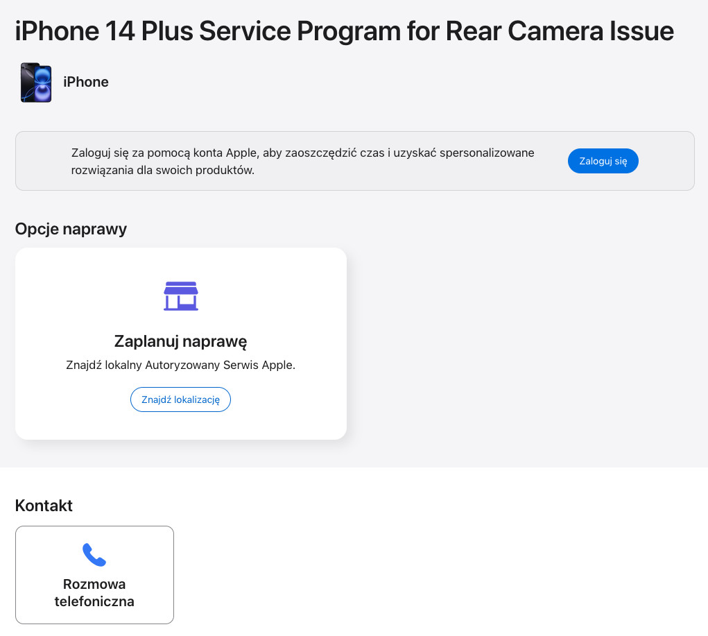 iPhone 14 Plus program naprawy apple darmowa naprawa aparat